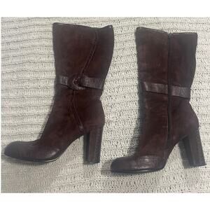 JK Fashion Zip Up Mid-Calf Suede Heeled Boots Womens 39 / US 8 Leather Burgundy